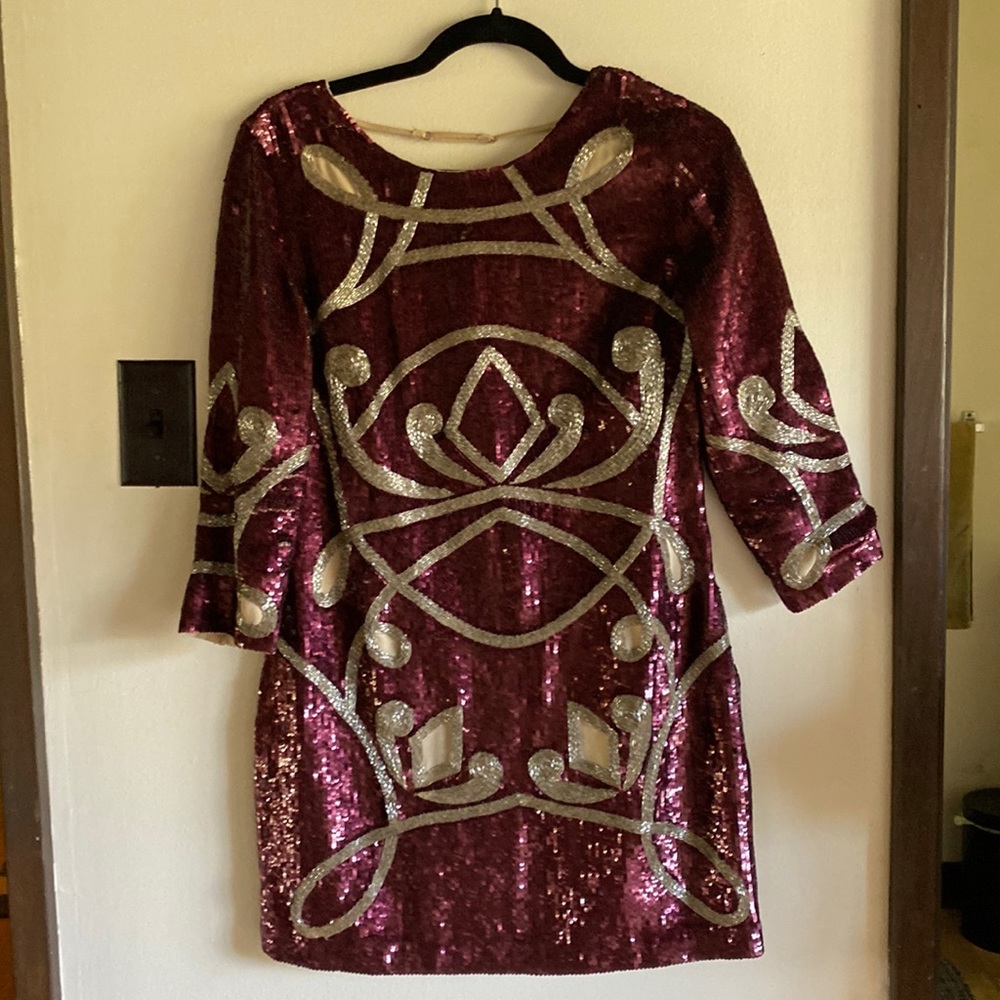 Needle and Thread Low-Back, Three Quarter Sleeved Sequin Mini Dress in Plum.